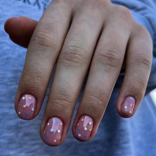 Ceboic Eckig Künstliche Nägel Kurz, French Nude Pink Nägel Zum Aufkleben mit Bunte Punkte, Ballerina Acryl Kunstnägel Press on Nails für Frauen und Mädchen Tägliche Nutzung, 12 Größen 24 Stück von Ceboic