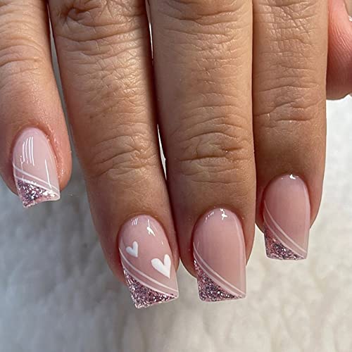 Ceboic Eckig Künstliche Nägel Kurz, French Pink Glänzend Herz Nägel Zum Aufkleben, Ballerina Acryl Kunstnägel Press on Nails für Frauen und Mädchen Tägliche Nutzung, 12 Größen 24 Stück von Ceboic