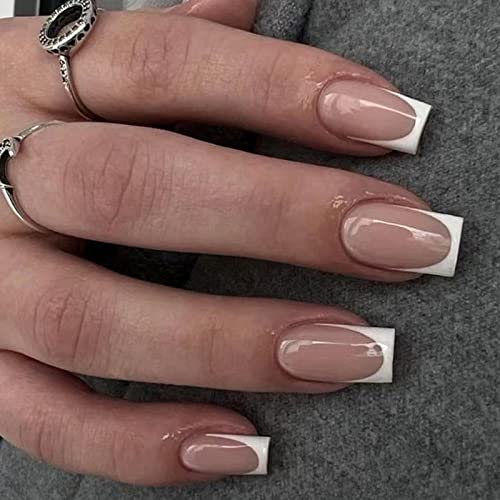 Ceboic Eckig Press on Nails Kurz, Französische Tipp Künstliche Nägel Full Cover Ballerina Kunstnägel mit Designs, Nude Weiß Border Acryl Fingernägel zum Aufkleben für Frauen und Mädchen von Ceboic