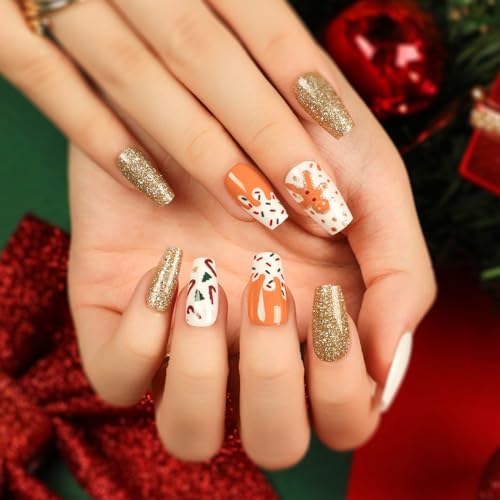 Ceboic Eckig Press on Nails Kurz, French Nägel Zum Aufkleben Niedlich Weihnachten Elch Künstliche Nägel, Gold Glitzer Acryl Full Cover Kunstnägel Square Fingernägel Fake Nails für Frauen & Mädchen von Ceboic