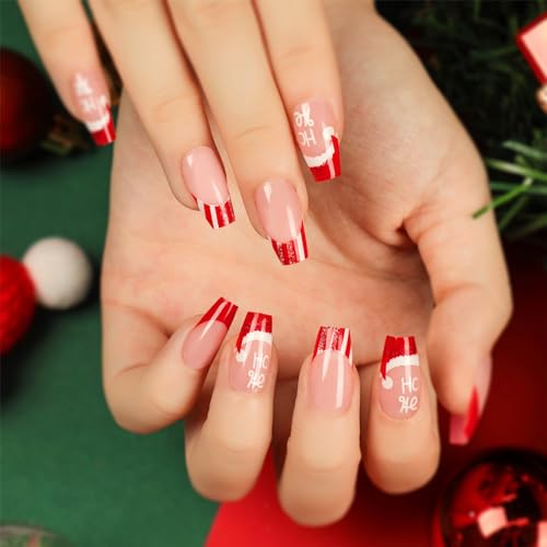 Ceboic Eckig Press on Nails Kurz, French Nägel Zum Aufkleben Rot Glitzer Künstliche Nägel mit Weihnachtsmütze, Acryl Full Cover Kunstnägel Square Fingernägel Fake Nails für Frauen und Mädchen von Ceboic