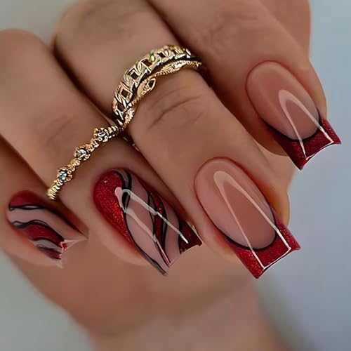 Ceboic Eckig Press on Nails Kurz, French Tips Kunstnägel Nägel Zum Aufkleben Rote Welle Gel Künstliche Fake Nägel, 24 Stück Quadratisch Acryl Full Cover Fingernägel zum Aufkleben für Frauen & Mädchen von Ceboic