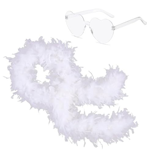 Ceboic Federboa, 2M Modischer Feder Boa mit Herzförmigen Randlosen Sonnenbrillen, Damen Türkei Federn Zubehör Kostümzubehör für Hochzeit Ankleiden Party Cosplay Karneval Halloween Weihnachten Kostüm von Ceboic