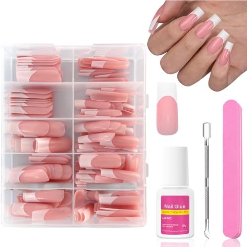 Ceboic French Press on Nails, 240 Stück Square Falsche Nägel Tips Set, Ballerina Weiß Rosa Falsche Nägel zum Aufkleben, Acryl Full Cover Nageltips Natürliche Künstliche Nägel für Frauen & Mädchen von Ceboic