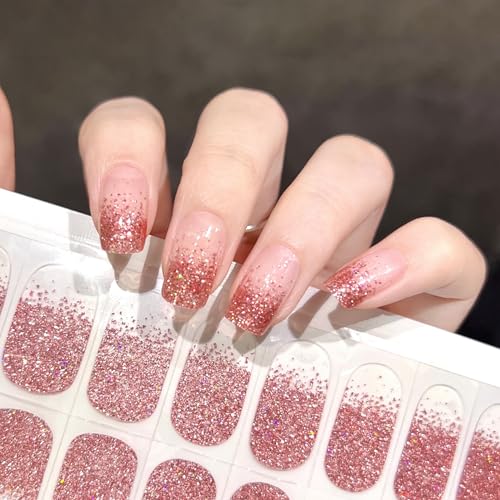 Ceboic Gel Nagellack Aufkleber, 22PCS UV Nagelfolien Selbstklebende Semi Cured Gel Nail Strips (Glitzer Rosé Gold) French Tips Gellack Wraps, Salonqualität Gel Nagellack Streifen für Finger & Fußnägel von Ceboic