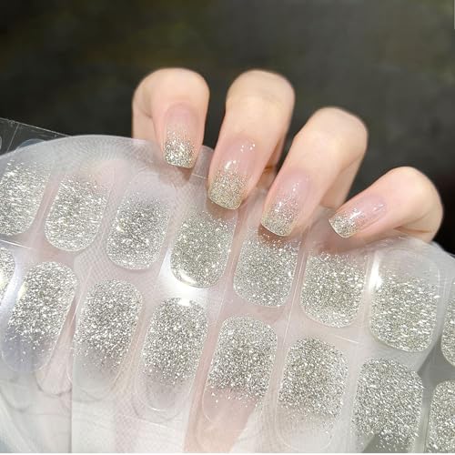 Ceboic Halbgehärtete UV Gel Strips, 22PCS Nagelfolie Selbstklebend Französische Gel Nagellack Aufkleber, Salonqualität Nagel Wraps für Damen Mädchen Weihnachten Nagelkunst Dekoration (Silber Glänzend) von Ceboic