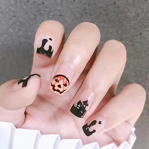 Ceboic Halloween Künstliche Nägel Eckig Kurz Nude Schwarz Fingernägel Zum Aufkleben mit Nagelkleber Aufkleber Cute Kürbis Acryl Full Cover Kunstnägel Press on Nails für Frauen und Mädchen von Ceboic