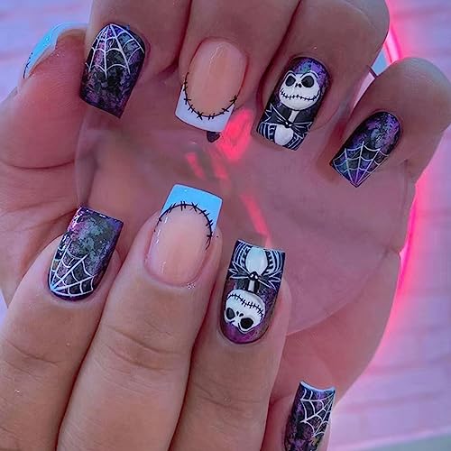 Ceboic Halloween Künstliche Nägel Eckig Kurz Rosa Französische Fingernägel Zum Aufkleben mit Süße Geist & Spinnennetz Designs Acryl Full Cover Kunstnägel Press on Nails für Frauen und Mädchen von Ceboic