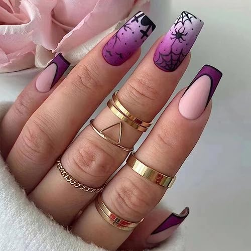 Ceboic Halloween Kunstnägel Nägel Zum Aufkleben Eckig Kurz French Lila Spinne Press on Nails Natürliche Acryl Full Cover Künstliche Fingernägel für Frauen und Mädchen von Ceboic
