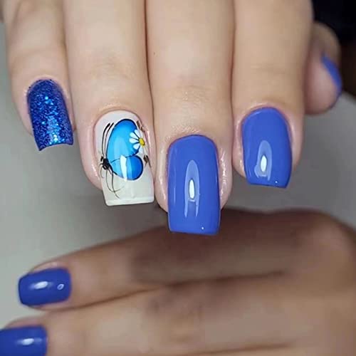 Ceboic Künstliche Nägel Kurz Eckig Press on Nails, French Kunstnägel Nägel Zum Aufkleben mit Schmetterling Designs, Blau Glitzer Acryl Falsche Nägel, Fingernägel Fake Nails für Frauen und Mädchen von Ceboic