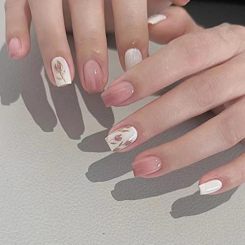 Ceboic Künstliche Nägel Kurz Eckig Press on Nails, French Kunstnägel Nägel Zum Aufkleben mit Tulpenblume Designs, Nude Weiß Glossy Falsche Nägel, Acryl Fingernägel Fake Nails für Frauen und Mädchen von Ceboic