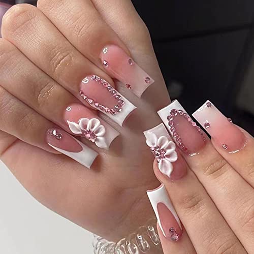 Ceboic Künstliche Nägel Kurz Eckig Press on Nails, Glossy French Kunstnägel Nägel Zum Aufkleben mit Strass, Blumen Falsche Nägel Acryl Fingernägel Fake Nails für Frauen und Mädchen von Ceboic