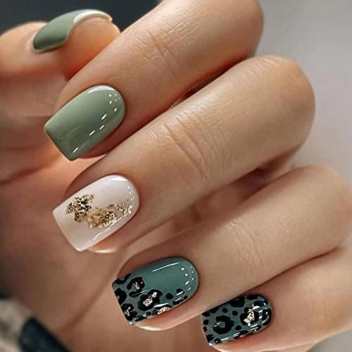 Ceboic Künstliche Nägel Kurz Eckig Press on Nails, Grüne French Kunstnägel Nägel Zum Aufkleben mit Leopard Print Designs, Acryl Falsche Nägel Fingernägel Fake Nails für Frauen und Mädchen von Ceboic