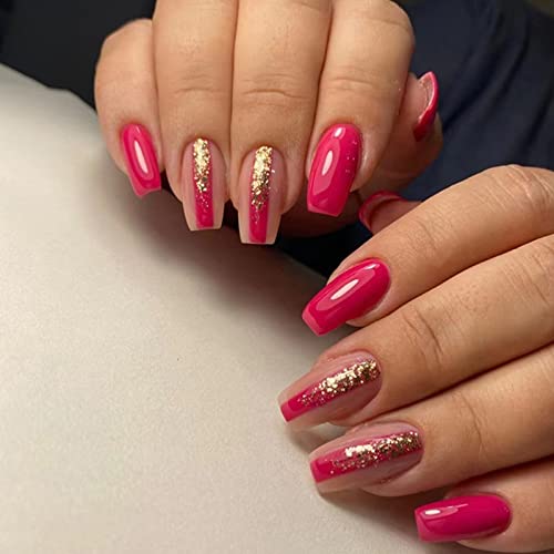 Ceboic Künstliche Nägel Kurz Eckig Press on Nails, Rosenrot Glossy French Kunstnägel Nägel Zum Aufkleben mit Designs, Acryl Fingernägel Fake Nails für Frauen und Mädchen von Ceboic