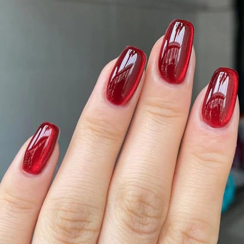 Ceboic Kunstnägel Press on Nails Kurz Eckig, French Pure Farbe Nägel zum Aufkleben Rot Katzenauge Glitzer Künstliche Nägel, Acryl Falsche Nägel Natürliche Square Fingernägel Fake Nails für Frauen von Ceboic