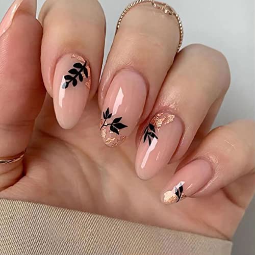 Ceboic Mandel Künstliche Nägel, 24 Stück Mittel Französische Tipp Glossy Rosa Press on Nails Nägel Zum Aufkleben mit Schwarz Blätter Design, Acryl Fingernägel Fake Nails für Frauen und Mädchen von Ceboic