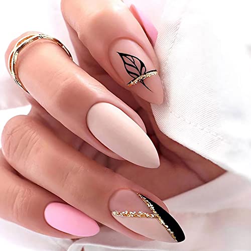 Ceboic Mandel Kurz Falsche Nägel, 24 Stück French Matt Nude Press on Nails Mandel Nägel zum Aufkleben, Glossy Acryl Fingernägel Fake Nails für Frauen und Mädchen von Ceboic