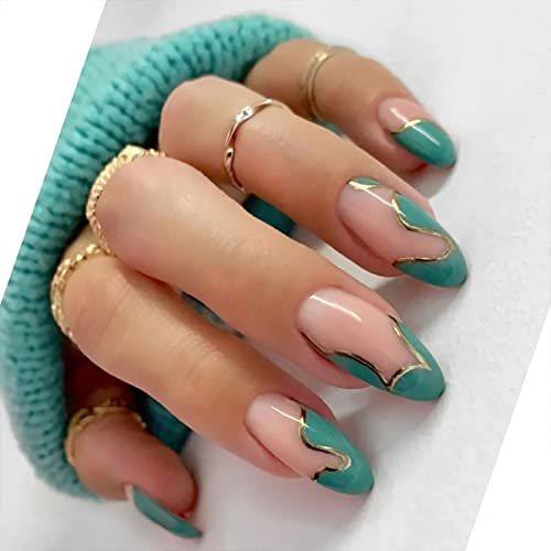 Ceboic Mandel Kurz Falsche Nägel, Stiletto Nägel Zum Aufkleben Französisch Swirl Kunstnägel Press on Nails, 24 Stück Acryl Nägel Gold Glänzend Fake Nails für Frauen und Mädchen von Ceboic