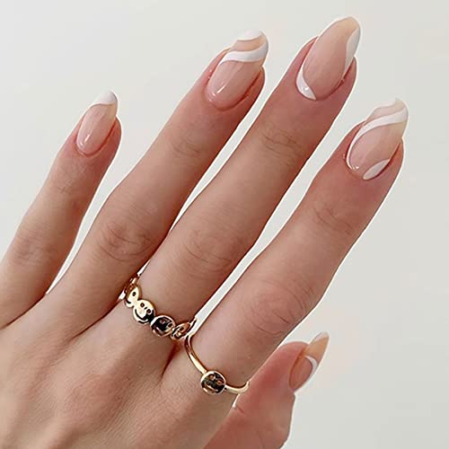 Ceboic Mandel Nägel Zum Aufkleben Kurz, 24 Stück Weiß Wirbel French Nude Falsche Nägel Press on Nails, Glossy Oval Kunstnägel mit Designs Acrylnägel für Frauen und Mädchen von Ceboic