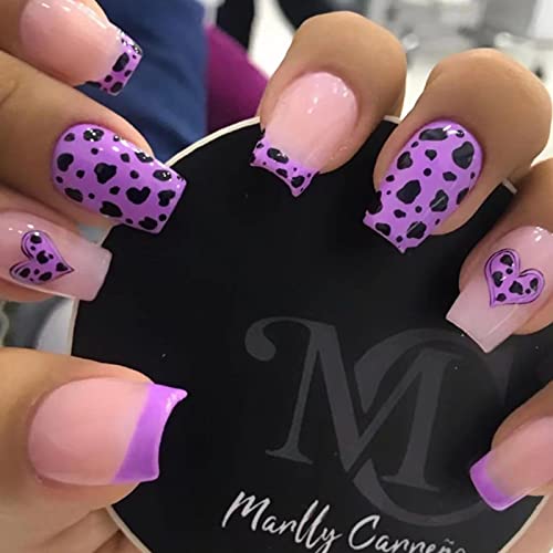 Ceboic Nägel Zum Aufkleben Kurz, Lila Herz French Künstliche Nägel, Eckig Kunstnägel Press on Nails mit Leopard Print Designs, 24Pcs Ballerina Acrylnägel Falsche Nägel für Frauen und Mädchen von Ceboic