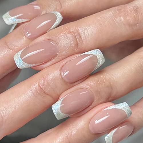 Ceboic Nägel Zum Aufkleben Kurz, Nude Glänzend French Künstliche Nägel, Eckig Kunstnägel Press on Nails mit Nagelkleber Aufkleber, 24Pcs Ballerina Acrylnägel Falsche Nägel für Frauen und Mädchen von Ceboic