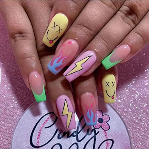 Ceboic Nägel Zum Aufkleben Mittel, Colorful French Künstliche Nägel, Sarg Kunstnägel Press on Nails mit Flammen Smiley, 24Pcs Ballerina Acrylnägel Falsche Nägel für Frauen und Mädchen von Ceboic