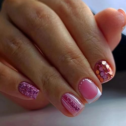 Ceboic Press on Nails Kurz Eckig, 24 Stück French Rosé Rosa Glänzend Künstliche Nägel, Natürliche Acryl Fingernägel Fake Nails für Frauen und Mädchen Nail Art Maniküre Dekoration von Ceboic