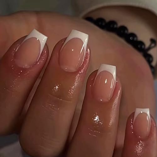 Ceboic Press on Nails Kurz Eckig, 24 Stück French Weiß Rand Künstliche Nägel, Nude Ballerina Nägel Zum Aufkleben Acryl Fingernägel Fake Nails für Frauen und Mädchen Nail Art Dekoration von Ceboic