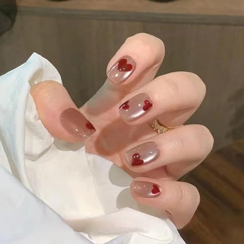 Ceboic Press on Nails Kurz Eckig, French Rot Liebe Nägel zum Aufkleben Glitzer Katzenauge Künstliche Nägel, Acryl Kunstnägel Natürliche Square Fingernägel Fake Nails für Frauen & Mädchen von Ceboic