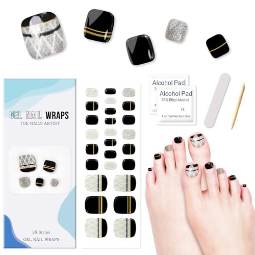 Ceboic UV Fußnägel Nagelfolie Selbstklebende, 26PCS Französische Schwarz Fußnagel Sticker Pediküre Wraps Gel Nagellack Aufkleber, Langanhaltende Wasserdicht Nagellack Streifen für Frauen und Mädchen von Ceboic