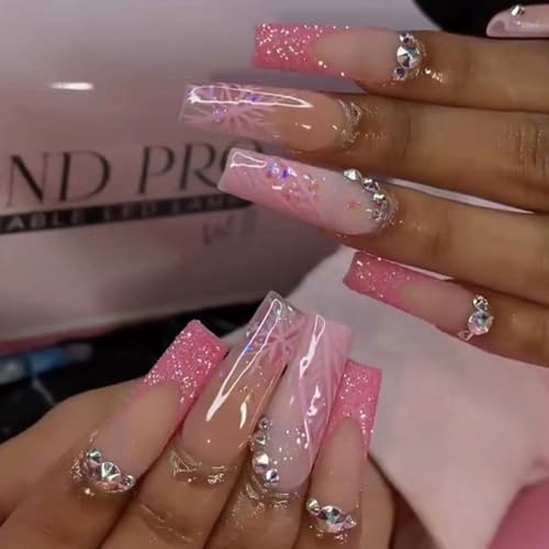 Ceboic Weihnachten Nägel Zum Aufkleben Lang, 24 Stück Sarg Rosa Glitzer French Künstliche Nägel mit Nagelkleber Aufkleber, Schneeflocke Kunstnägel Press on Nails für Frauen und Mädchen von Ceboic