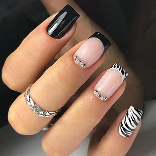 Künstliche Nägel Kurze Eckig, 24 Stück Schwarz Weiß Französische Tip Kunstnägel Press on Nails, Kurz Acryl Nägel Zum Aufkleben mit Strass Designs, Acryl Fingernägel Fake Nails für Frauen und Mädchen von Ceboic