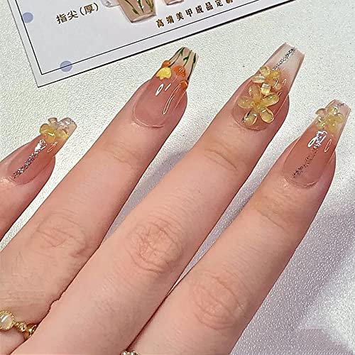 Nägel Zum Aufkleben, Handgefertigt Press on Nails Lange Gelnägel, Luxus Wiederverwendbar Kunstnägel mit Gelbe Tulpen Dekoration für Mädchen Frauen und Braut,10st Nägel Selber Machen Satz von Ceboic