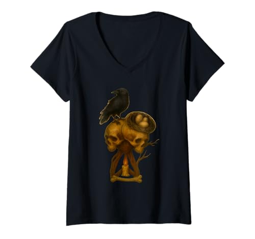 Damen Schädel Hexe Krähe | Gotischer Horror-Stil T-Shirt mit V-Ausschnitt Damen Schädel Hexe Krähe | Gotischer Horror-Stil T-Shirt mit V-Ausschnitt von Cecatto