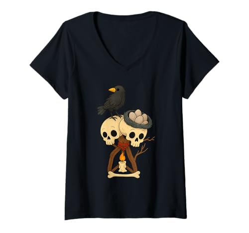 Damen Süßer Krähen-Schädel-Cartoon T-Shirt mit V-Ausschnitt von Cecatto