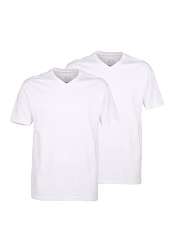 Ceceba Herren T-Shirts, 2er Pack - Konvex, V-Ausschnitt, Kurzarm, Baumwolle, Uni Weiß L von Ceceba