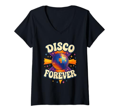 Damen Disco Forever Retro Vibes 70er Jahre Party Nostalgie Design T-Shirt mit V-Ausschnitt von Ceci Merch Studio