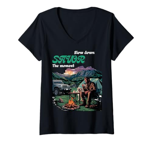 Damen Genießen Sie den Moment | Camping Outdoor Vibes Design T-Shirt mit V-Ausschnitt von Ceci Merch Studio
