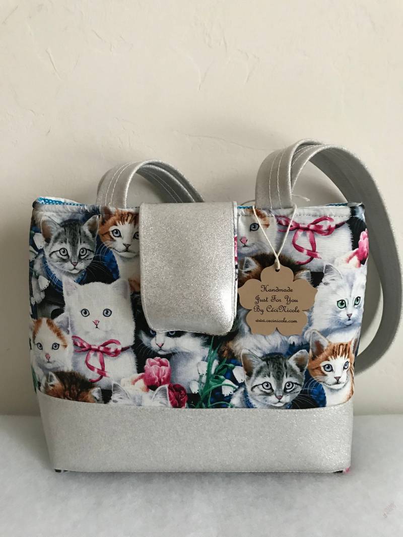 Handgemachte Kätzchen Print Handtasche Kunstleder & Stoff Geldbörse Handgemachte Kätzchen Print Handtasche Kunstleder & Stoff Geldbörse von CeciNicoleShop