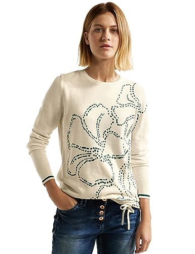 Cecil Damen B302412 Strickpullover mit Blumenmuster, raw Sand beige,XL von Cecil