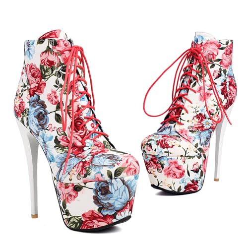 Ceciloroda 15.5cm Ultra-High Stiletto Pole Dance Schuhe Plateau Stiefeletten Schnüren Knöchel Stiefel Stripper Heels für Damen Exotic Lack Black Size 40 von Ceciloroda