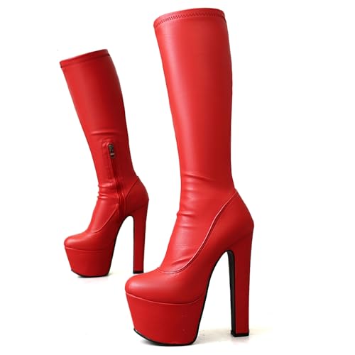 Ceciloroda 17cm Ultra-High Block Heels Pole Dance Schuhe Knee High Stretch Stiefel Plateau Dressy Stiefel Stripper Heels für Damen Exotic Lack Red Size 37 von Ceciloroda