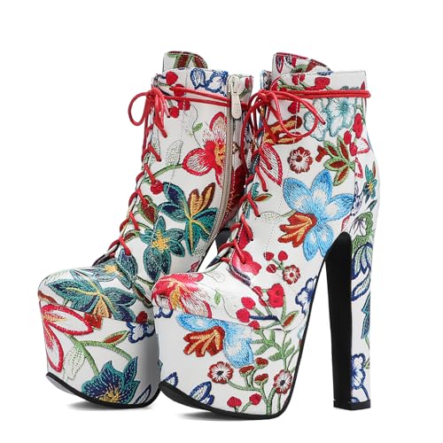 Ceciloroda 17cm Ultra-High Block Heels Pole Dance Schuhe Plateau Stiefeletten Schnüren Knöchel Stiefel Stripper Heels für Damen Exotic Lack Red Size 35 von Ceciloroda