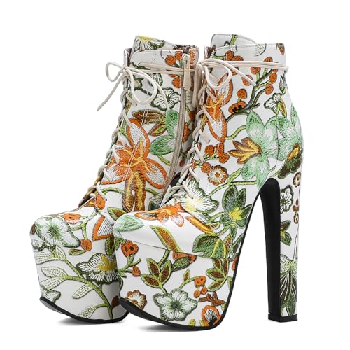 Ceciloroda 17cm Ultra-High Block Heels Pole Dance Schuhe Plateau Stiefeletten Schnüren Knöchel Stiefel Stripper Heels für Damen Exotic Lack Yellow Size 35 von Ceciloroda