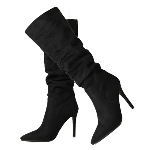 Ceciloroda DaHerren Knee Hohe Stiefel Black Slouchy Ruched Wide Calf Fall Schuhe Pointed Toe Pull On Dressy Stiefel Stiletto Gemütlich Size 39 von Ceciloroda