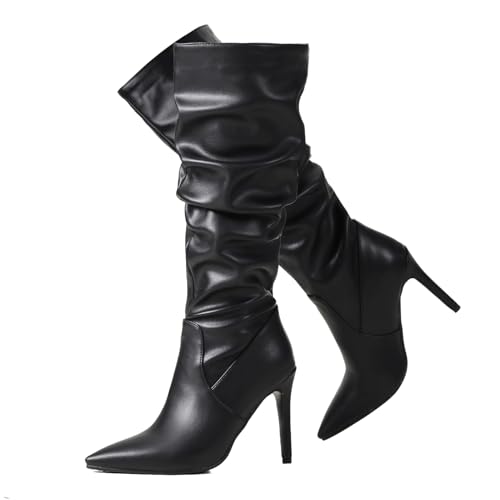 Ceciloroda DaHerren Knee Hohe Stiefel Black Slouchy Ruched Wide Calf Fall Schuhe Pointed Toe Pull On Dressy Stiefel Stiletto Gemütlich Size 42 von Ceciloroda