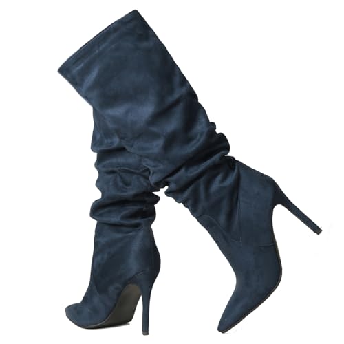 Ceciloroda DaHerren Knee Hohe Stiefel Blue Slouchy Ruched Wide Calf Fall Schuhe Pointed Toe Pull On Dressy Stiefel Stiletto Gemütlich Size 38 von Ceciloroda
