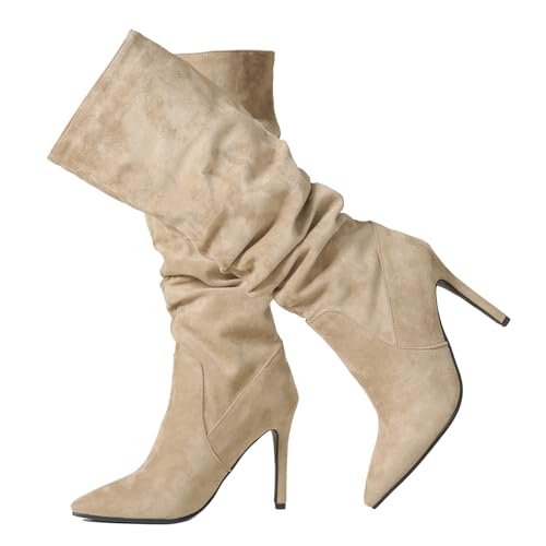Ceciloroda DaHerren Knee Hohe Stiefel Khaki Slouchy Ruched Wide Calf Fall Schuhe Pointed Toe Pull On Dressy Stiefel Stiletto Gemütlich Size 43 von Ceciloroda