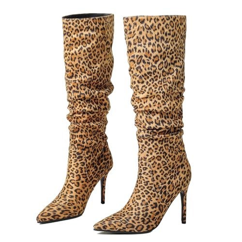Ceciloroda DaHerren Knee Hohe Stiefel Leopard Slouchy Ruched Wide Calf Fall Schuhe Pointed Toe Pull On Dressy Stiefel Stiletto Gemütlich Size 42 von Ceciloroda