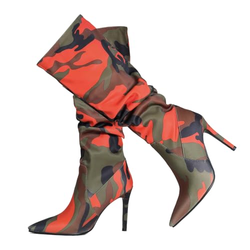 Ceciloroda DaHerren Knee Hohe Stiefel Orange Slouchy Ruched Wide Calf Fall Schuhe Pointed Toe Pull On Dressy Stiefel Stiletto Gemütlich Size 37 von Ceciloroda
